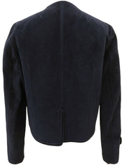 Navy suede logo button collarless jacket