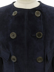 Navy suede logo button collarless jacket