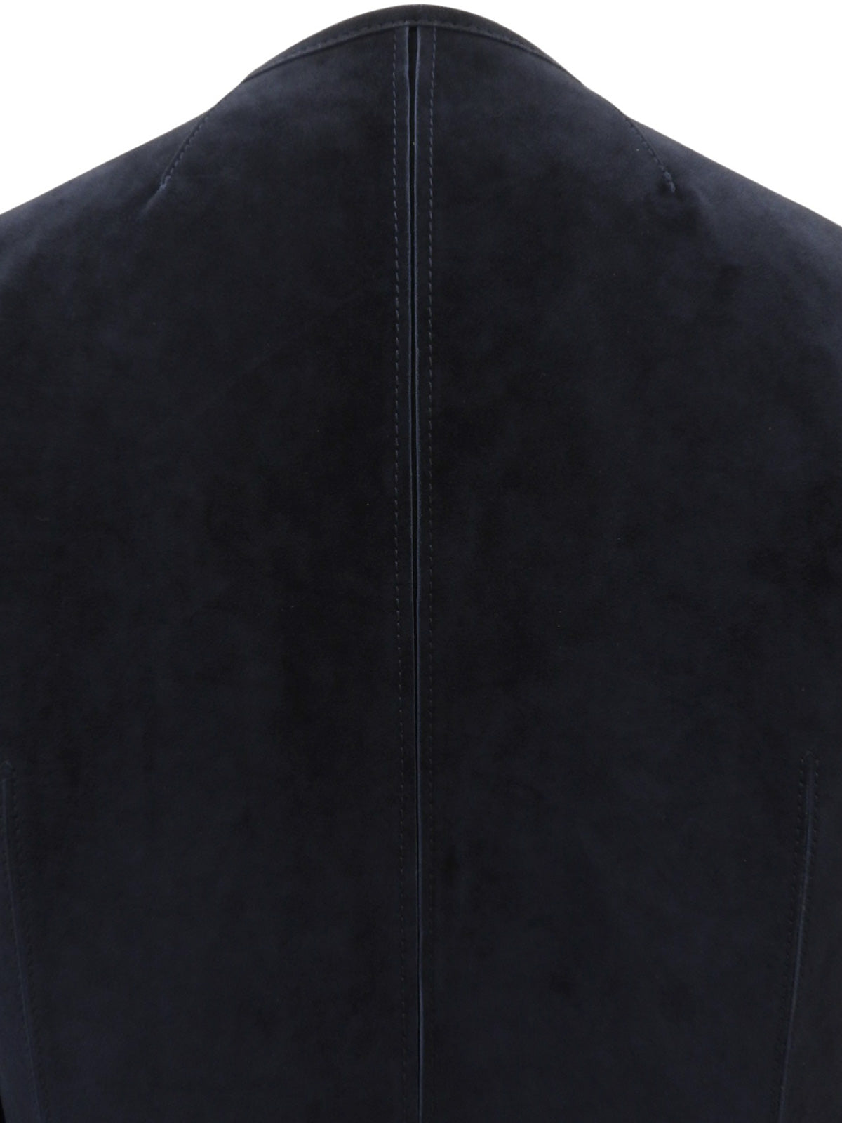 Navy suede logo button collarless jacket