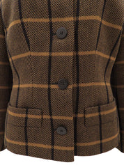 棕色格纹无领夹克