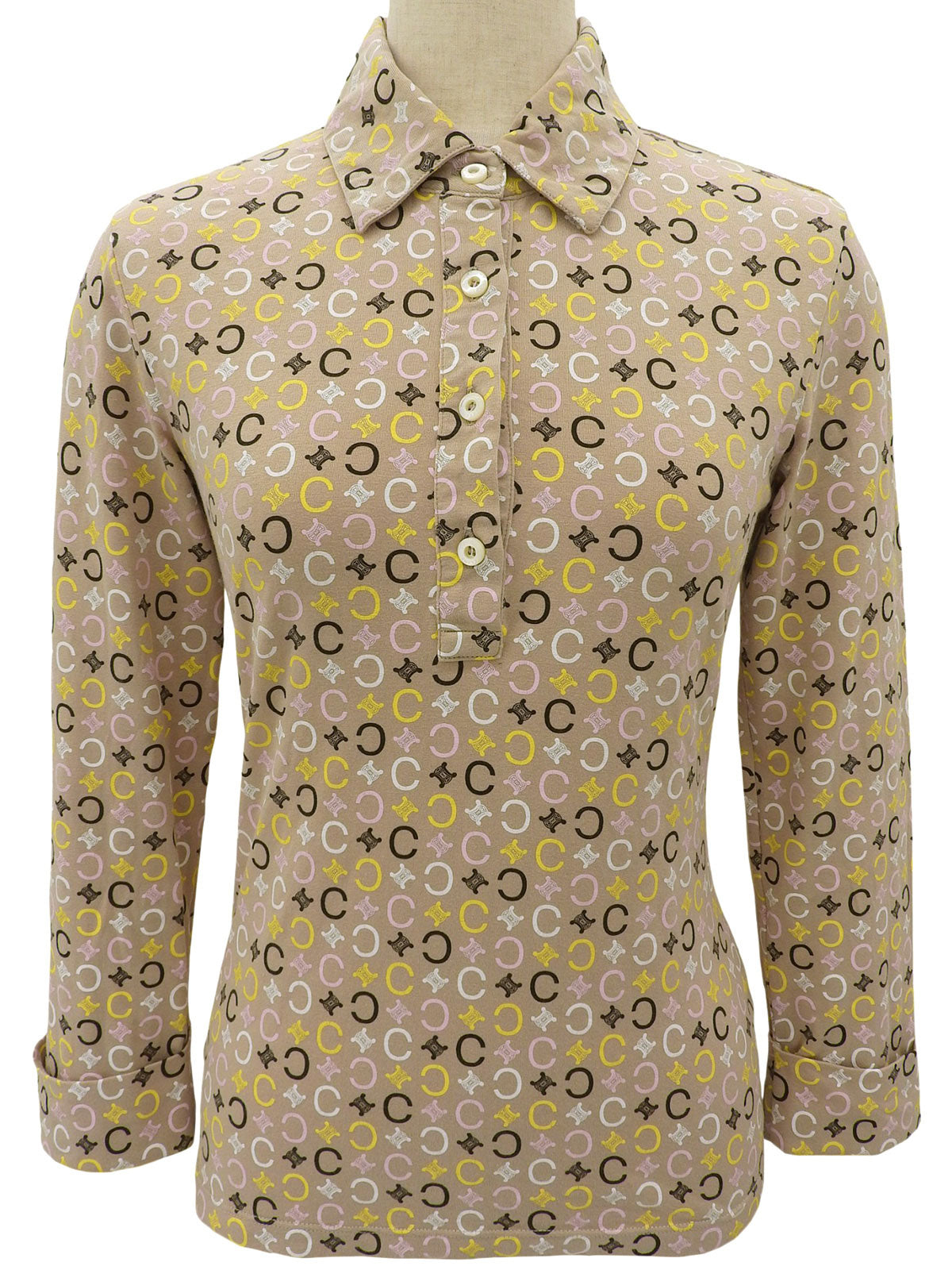 Macadam Pattern Long Sleeve Polo Shirt Beige/Multi