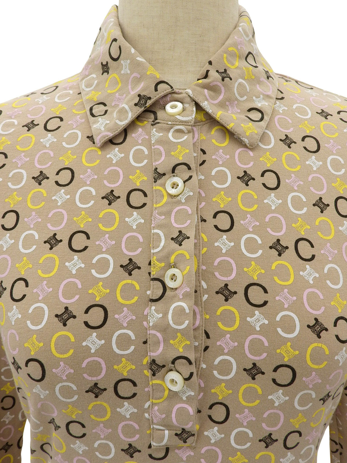 マカダムパターン長袖ポロシャツ ベージュ/マルチ