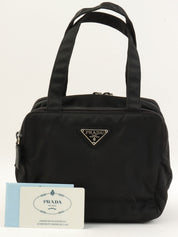 Nylon logo plate mini handbag in black