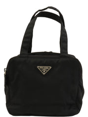 Nylon logo plate mini handbag in black