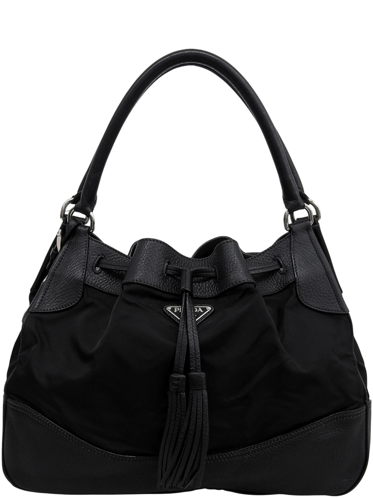 Nylon logo plate handbag in black