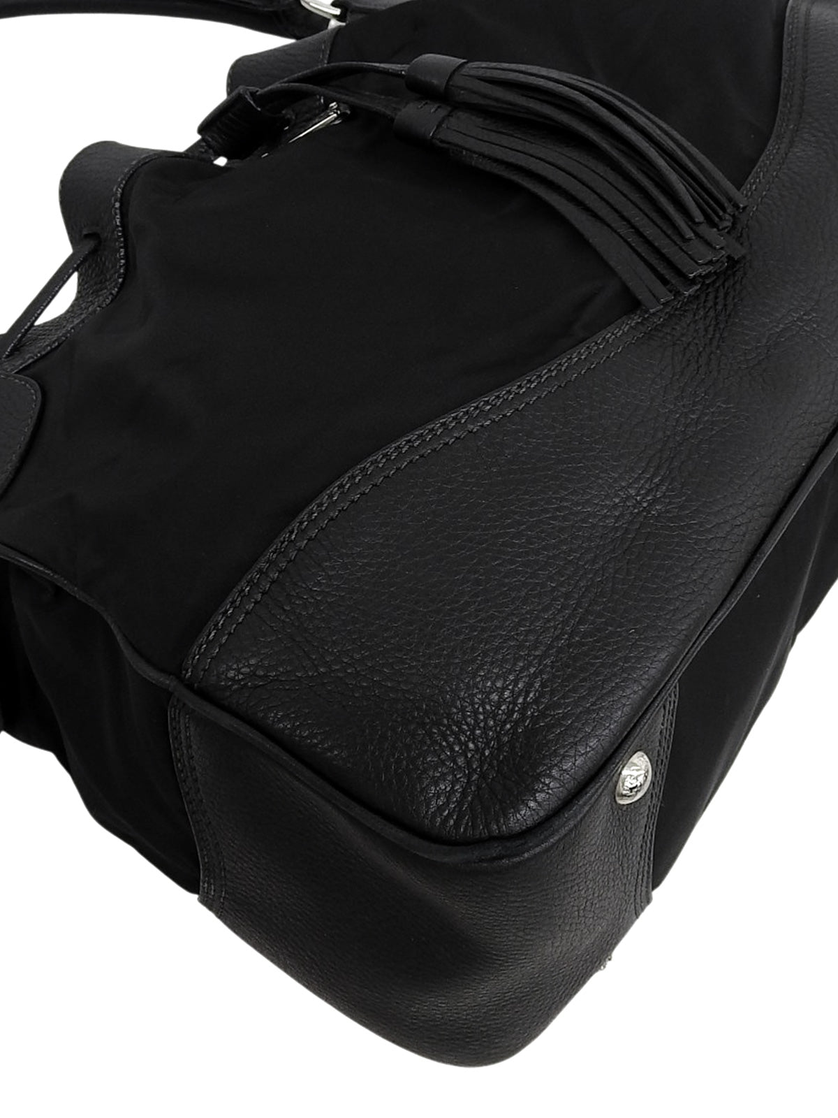 Nylon logo plate handbag in black