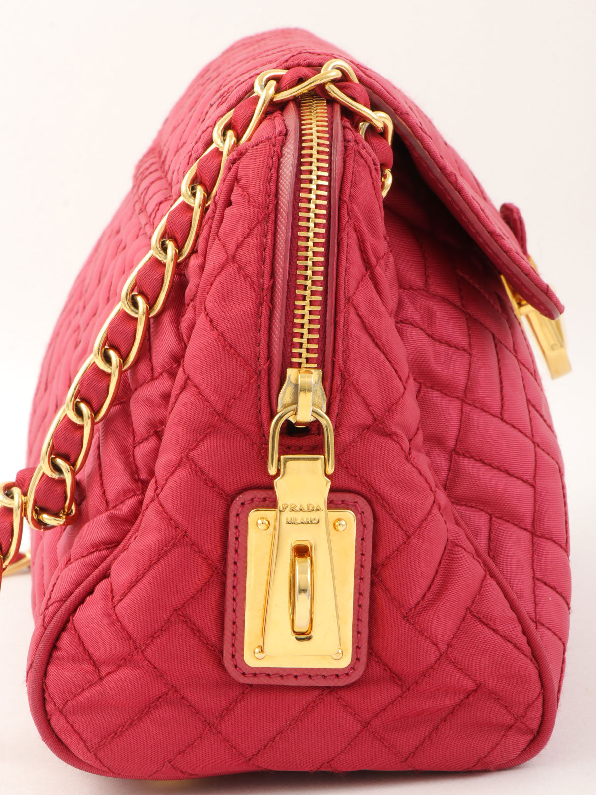 Pink nylon logo plate chain shoulder bag
