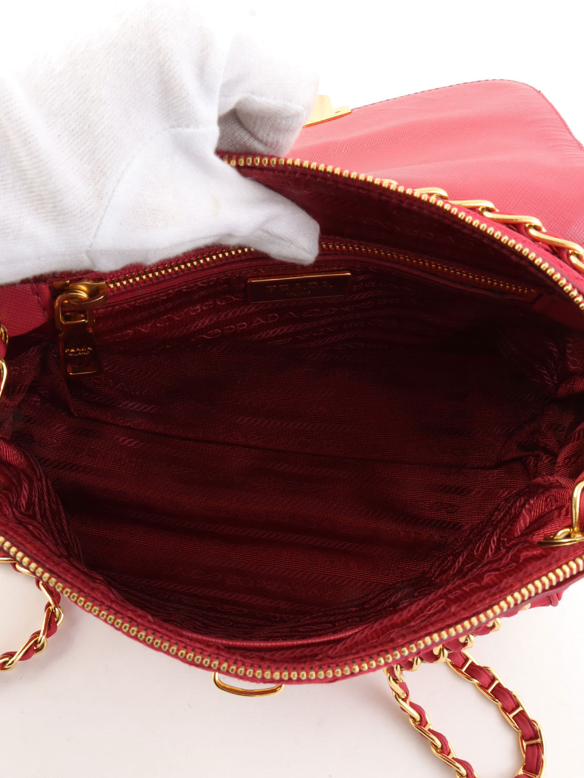 Pink nylon logo plate chain shoulder bag