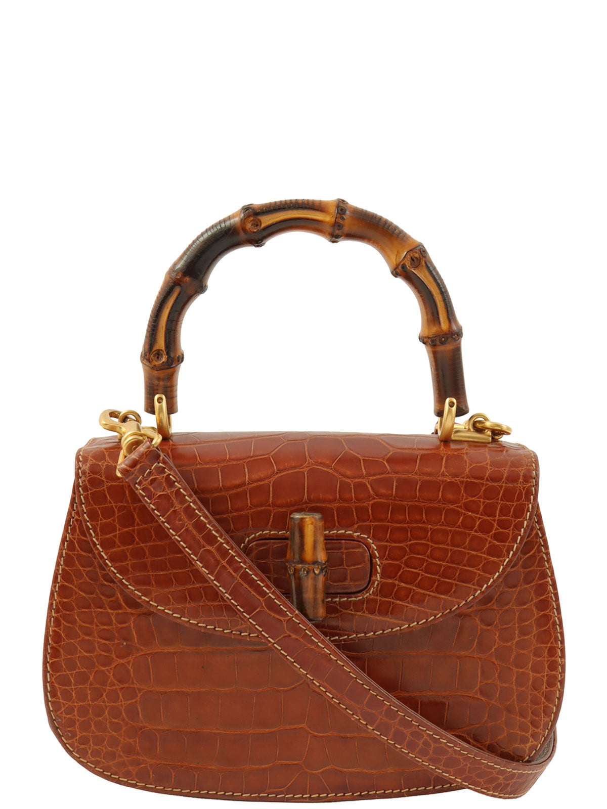 Crocodile Bamboo 2-Way Mini Bag, Brown
