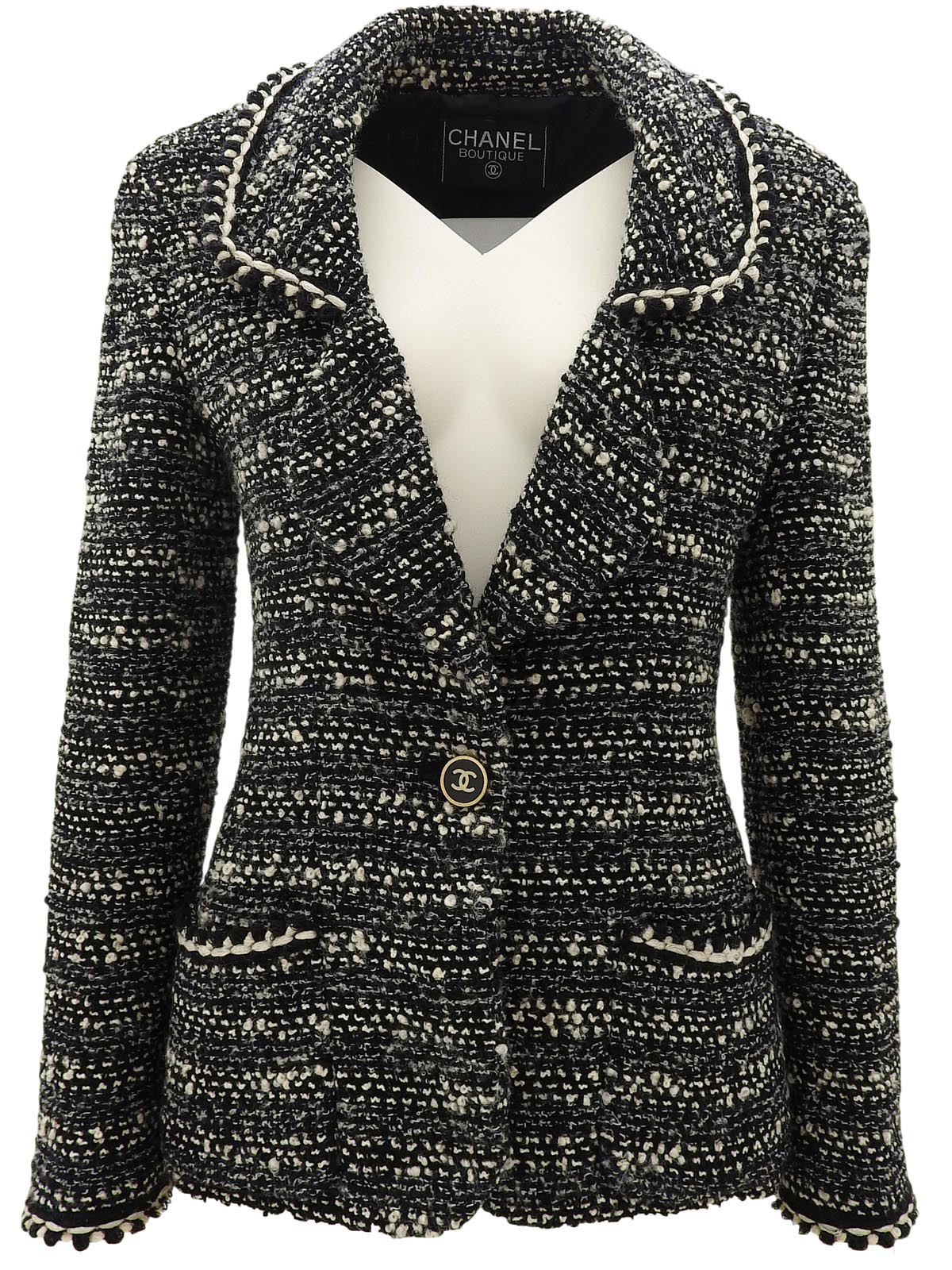 黑色/白色斜纹软呢CC标志纽扣夹克