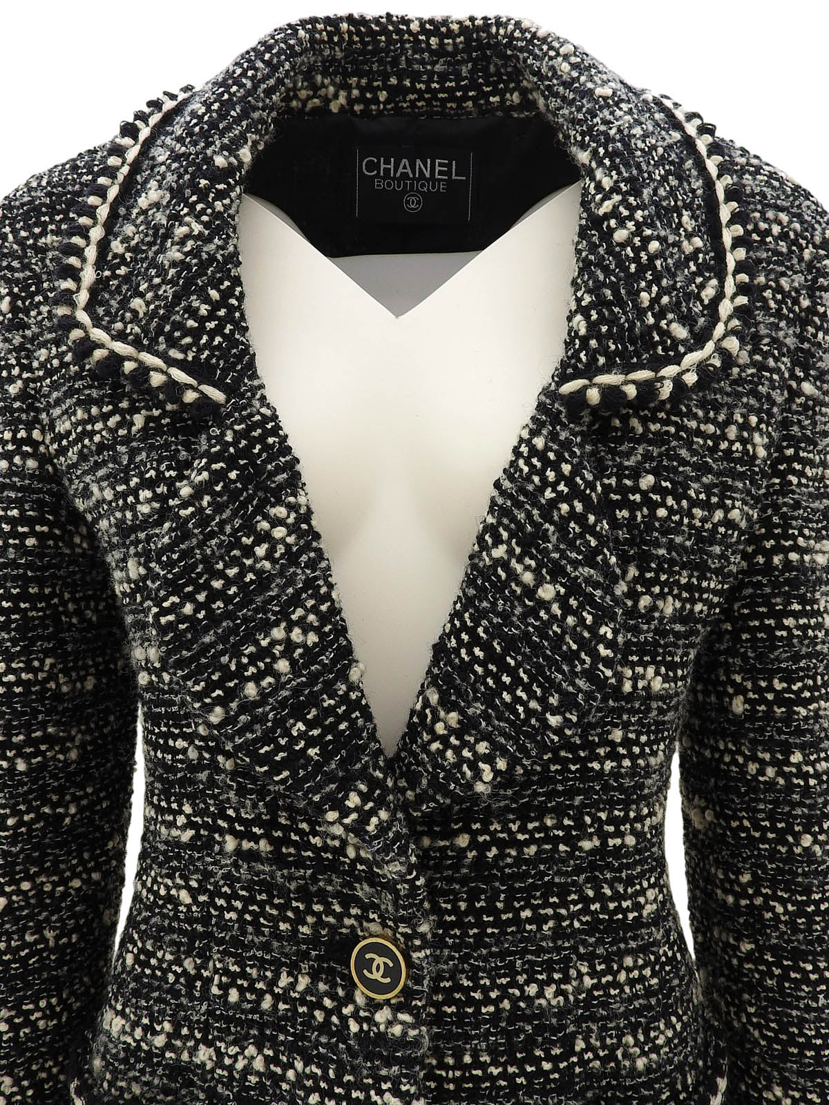 黑色/白色斜纹软呢CC标志纽扣夹克