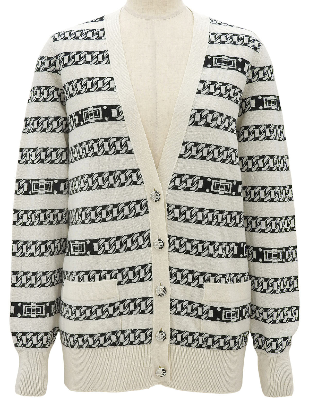 Cashmere Chain Border Pattern CC Mark Button Cardigan in Ivory/Black