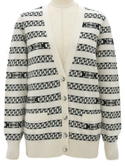 Cashmere Chain Border Pattern CC Mark Button Cardigan in Ivory/Black