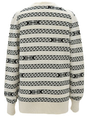 Cashmere Chain Border Pattern CC Mark Button Cardigan in Ivory/Black