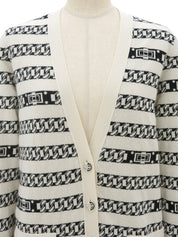 Cashmere Chain Border Pattern CC Mark Button Cardigan in Ivory/Black