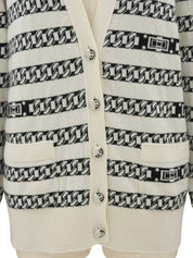 Cashmere Chain Border Pattern CC Mark Button Cardigan in Ivory/Black