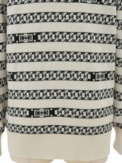 Cashmere Chain Border Pattern CC Mark Button Cardigan in Ivory/Black