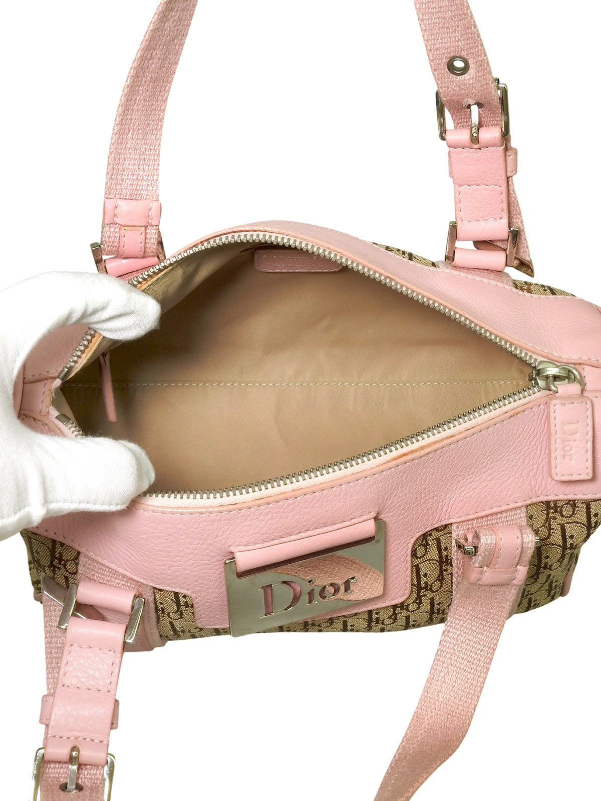 トロッターパターンストリートシックハンドバッグ ベージュ/ピンク