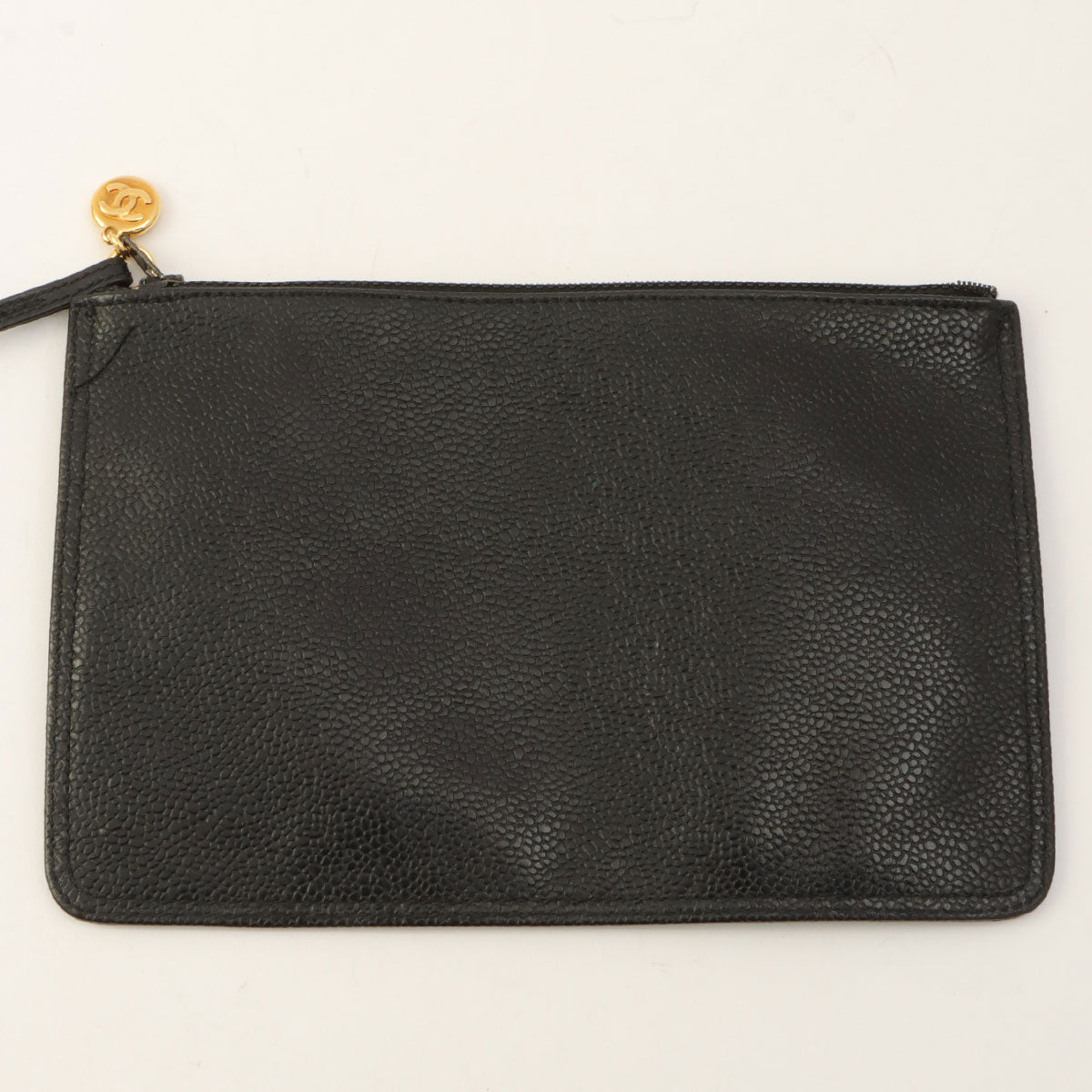 Around 1995 Made Caviar Skin 6CC Turnlock Plate Drawstring Shoulder Bag with Pouch Black