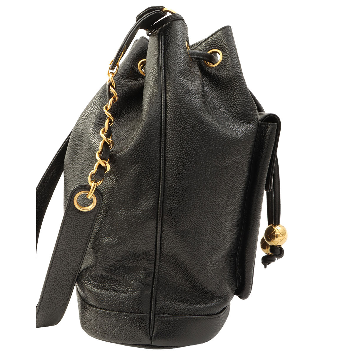 Around 1995 Made Caviar Skin 6CC Turnlock Plate Drawstring Shoulder Bag with Pouch Black