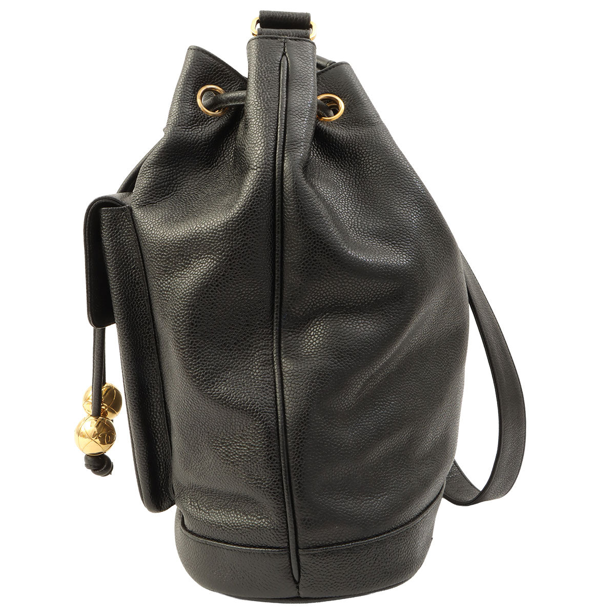 Around 1995 Made Caviar Skin 6CC Turnlock Plate Drawstring Shoulder Bag with Pouch Black