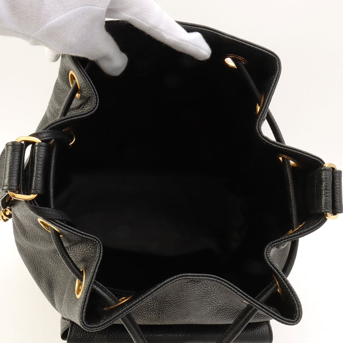 Around 1995 Made Caviar Skin 6CC Turnlock Plate Drawstring Shoulder Bag with Pouch Black