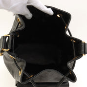 Around 1995 Made Caviar Skin 6CC Turnlock Plate Drawstring Shoulder Bag with Pouch Black