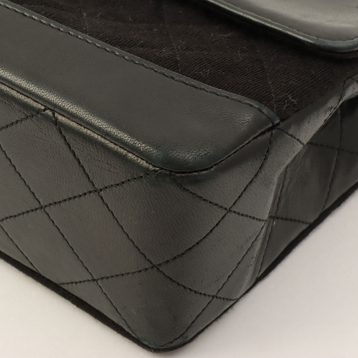 c. 1990 Cotton-Leather Combo Classic Flap Chain Bag 25cm Black
