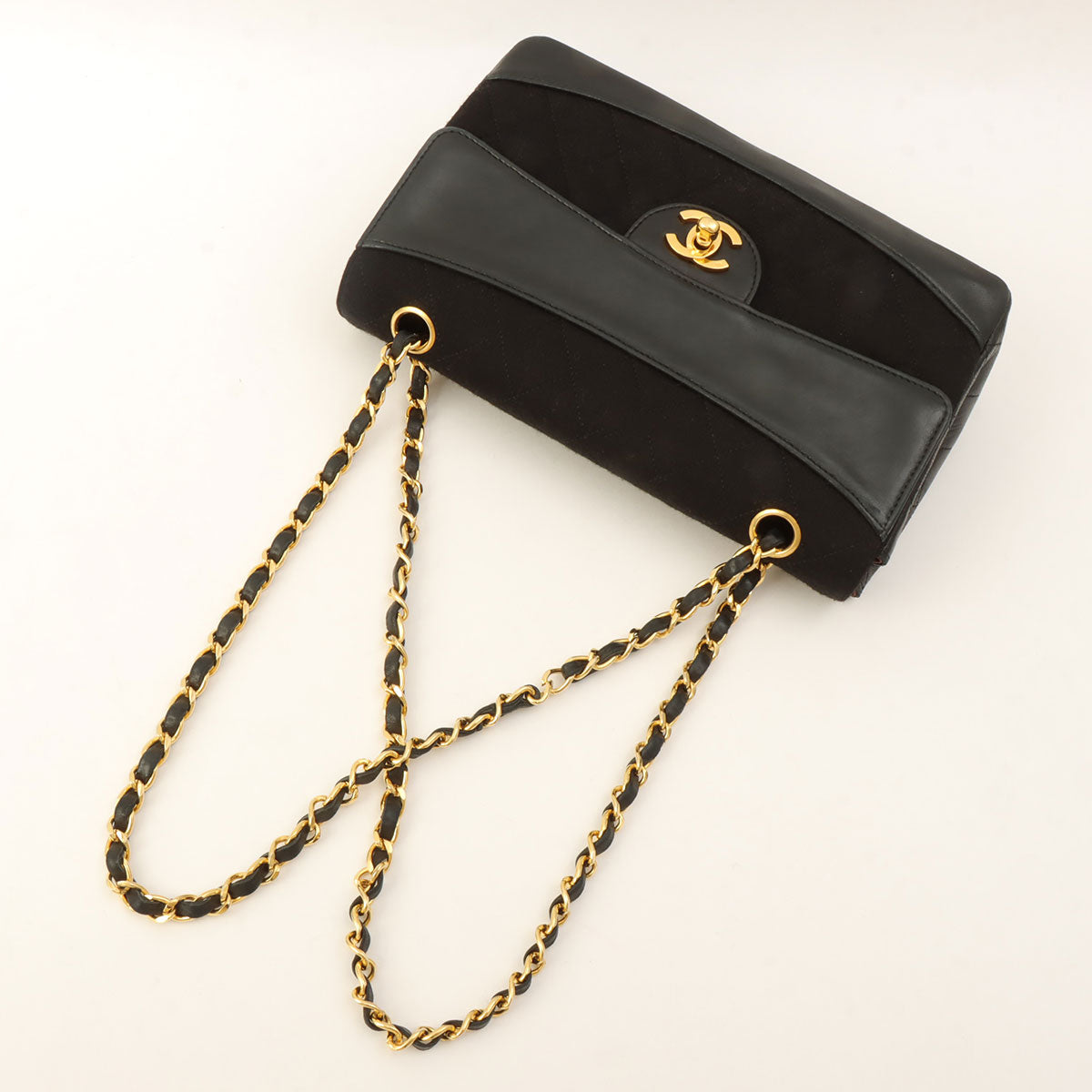 c. 1990 Cotton-Leather Combo Classic Flap Chain Bag 25cm Black