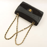 c. 1990 Cotton-Leather Combo Classic Flap Chain Bag 25cm Black