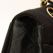 c. 1990 Cotton-Leather Combo Classic Flap Chain Bag 25cm Black