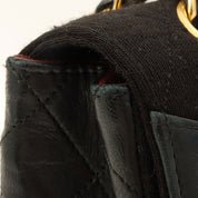 c. 1990 Cotton-Leather Combo Classic Flap Chain Bag 25cm Black