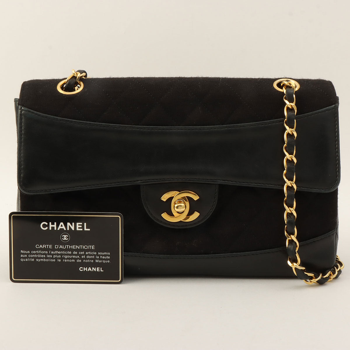 c. 1990 Cotton-Leather Combo Classic Flap Chain Bag 25cm Black
