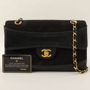 c. 1990 Cotton-Leather Combo Classic Flap Chain Bag 25cm Black