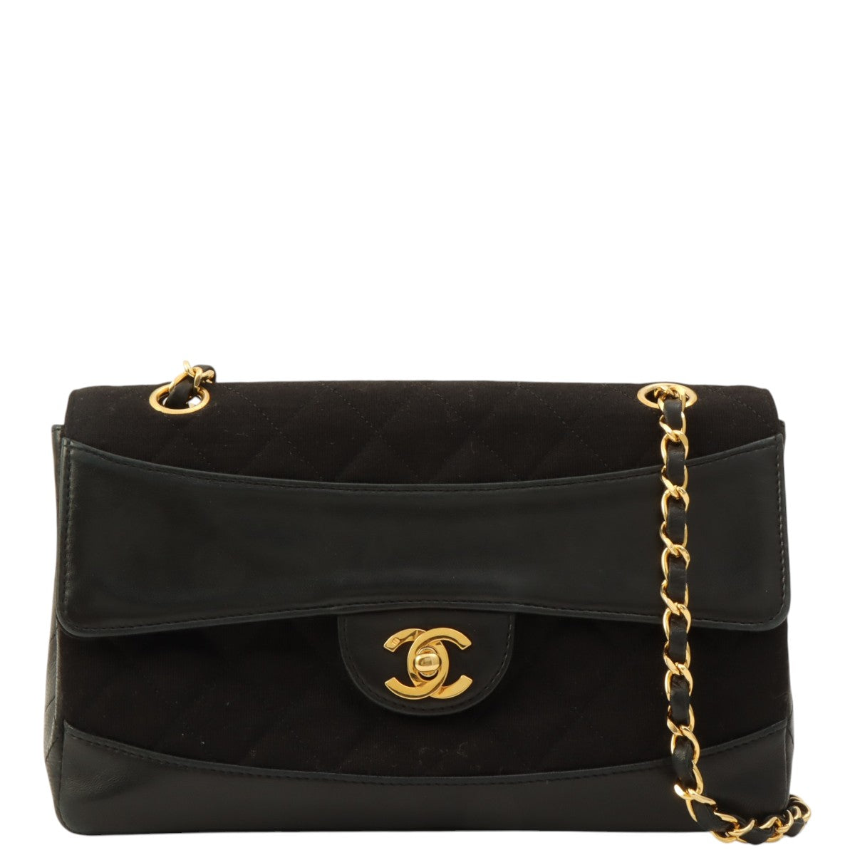 c. 1990 Cotton-Leather Combo Classic Flap Chain Bag 25cm Black