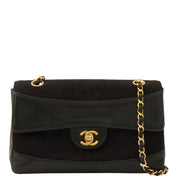 c. 1990 Cotton-Leather Combo Classic Flap Chain Bag 25cm Black