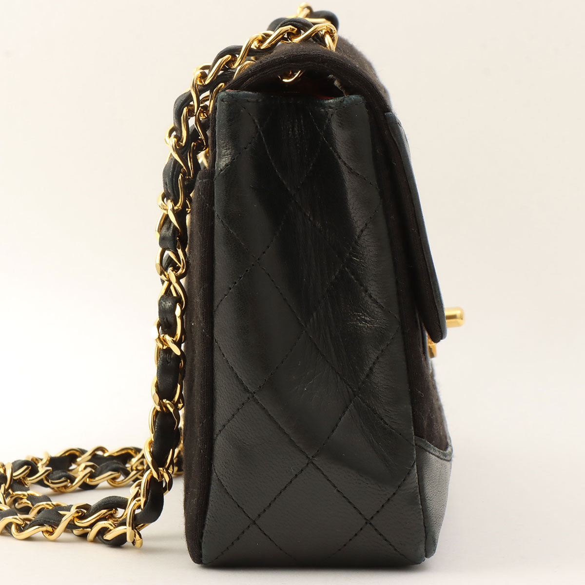 c. 1990 Cotton-Leather Combo Classic Flap Chain Bag 25cm Black