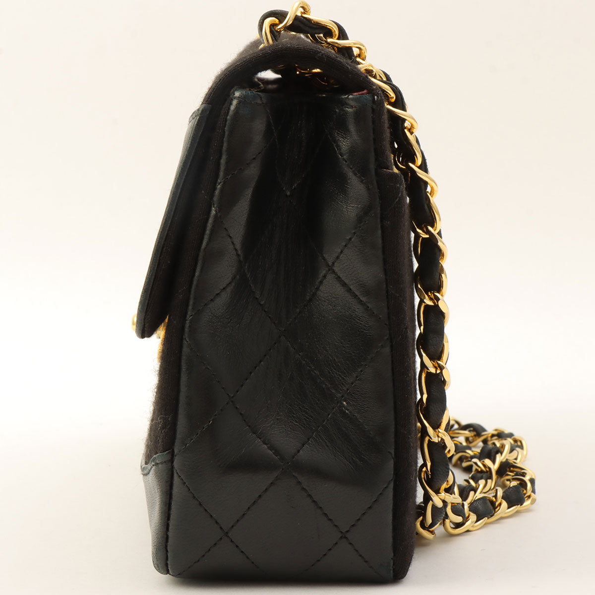 c. 1990 Cotton-Leather Combo Classic Flap Chain Bag 25cm Black