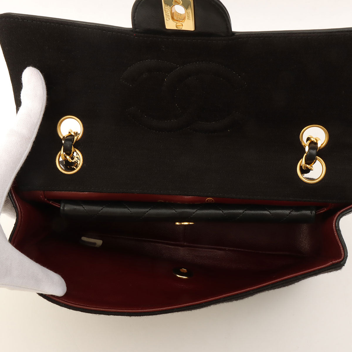 c. 1990 Cotton-Leather Combo Classic Flap Chain Bag 25cm Black
