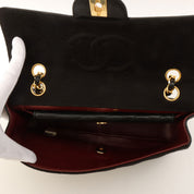 c. 1990 Cotton-Leather Combo Classic Flap Chain Bag 25cm Black