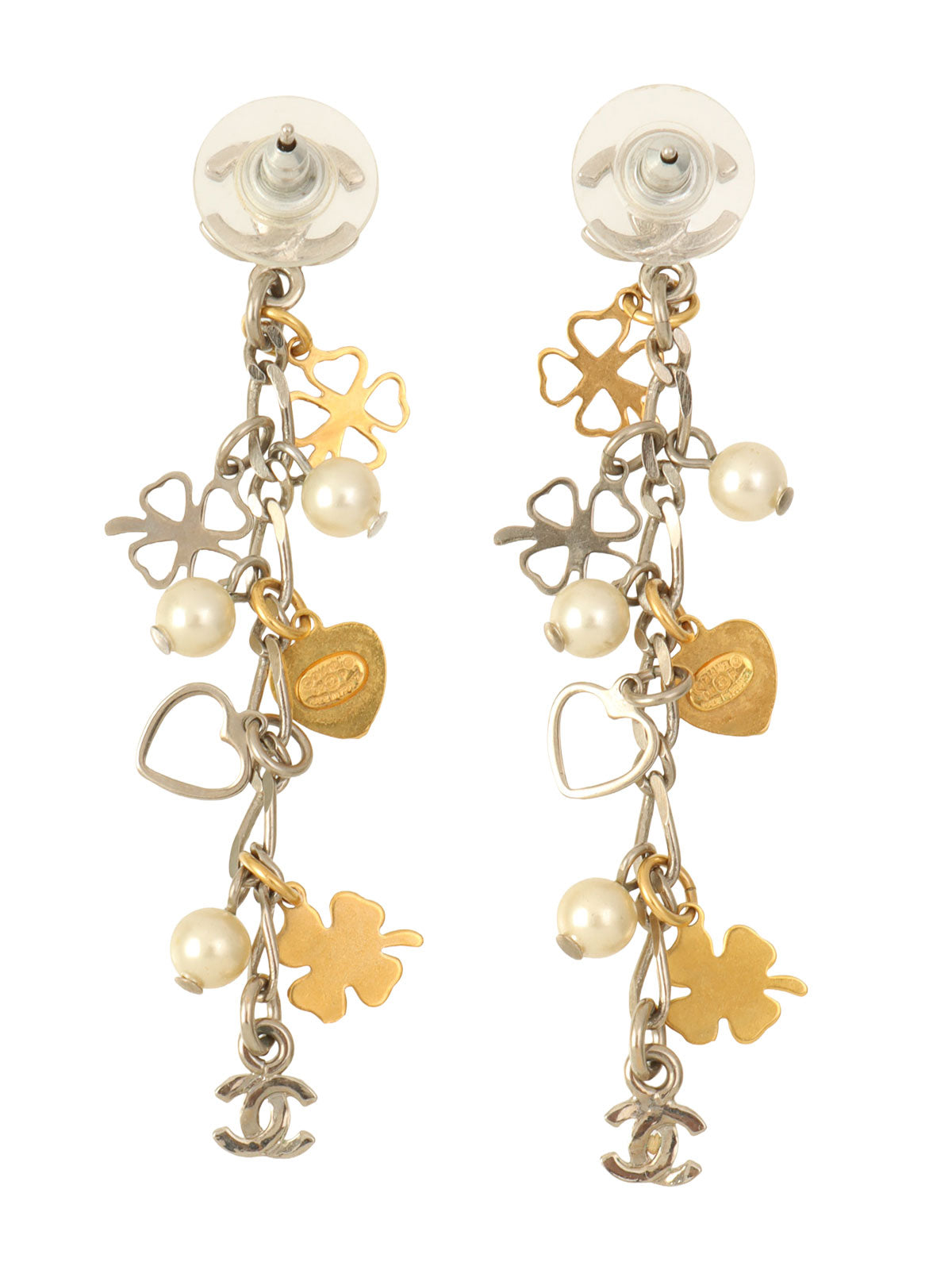 2008 CC Mark Heart Clover Motif Dangle Earrings Silver/Gold