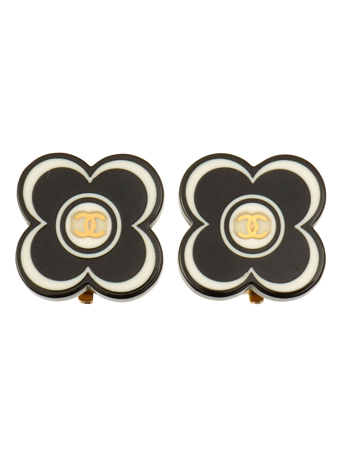 2002 Camellia Motif CC Mark Earrings Black/White