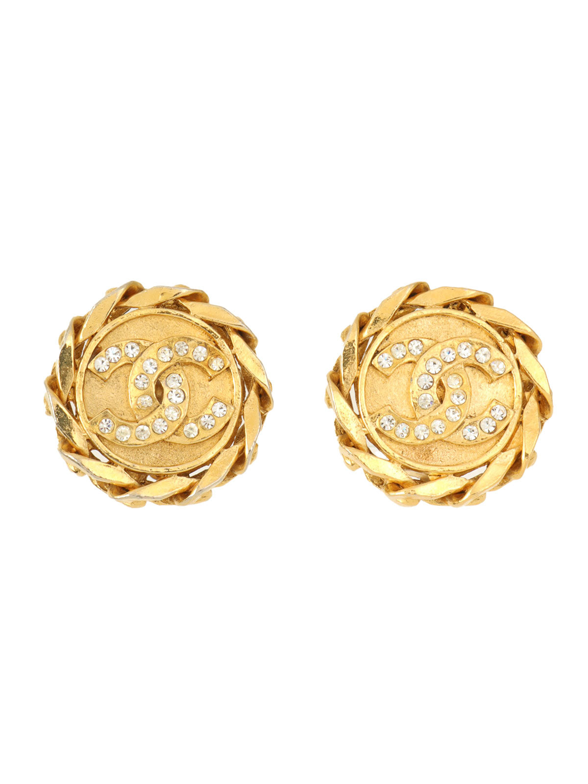 Rhinestone CC Mark Circle Earrings Gold