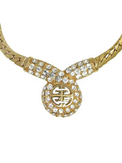 Rhinestone design motif logo necklace, gold