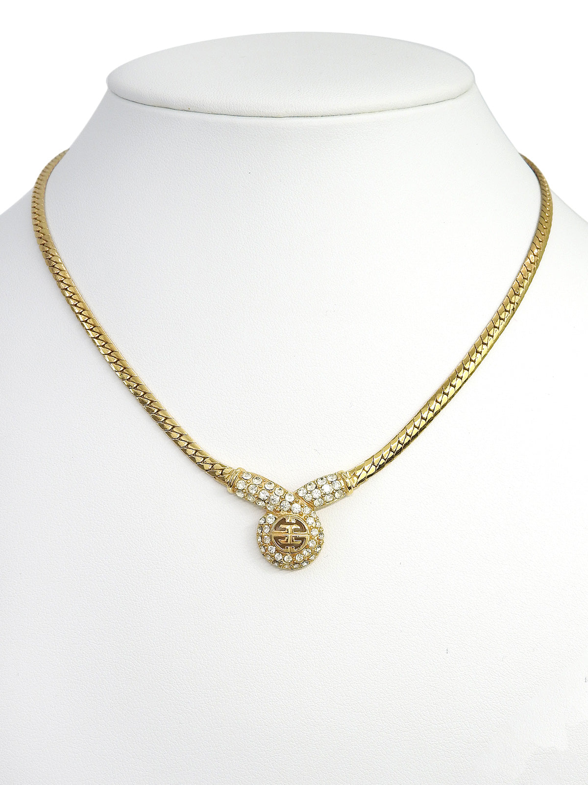 Rhinestone design motif logo necklace, gold