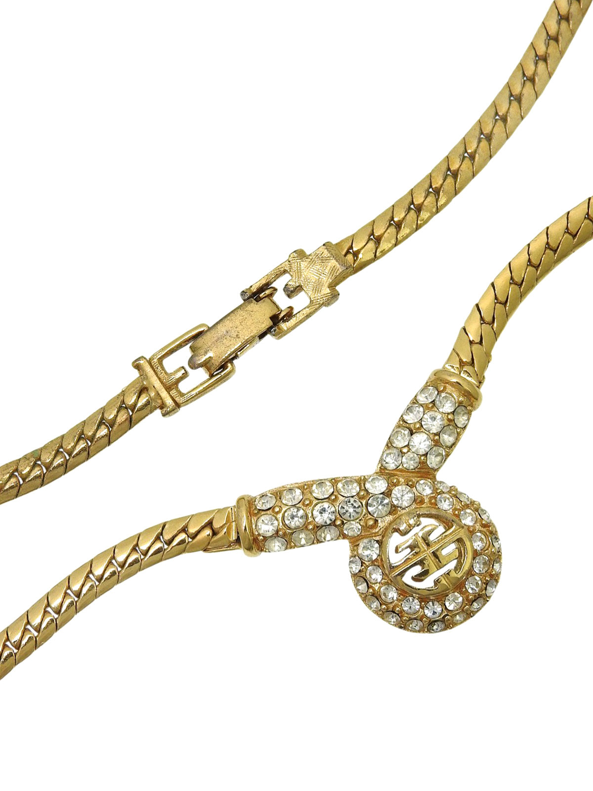 Rhinestone design motif logo necklace, gold