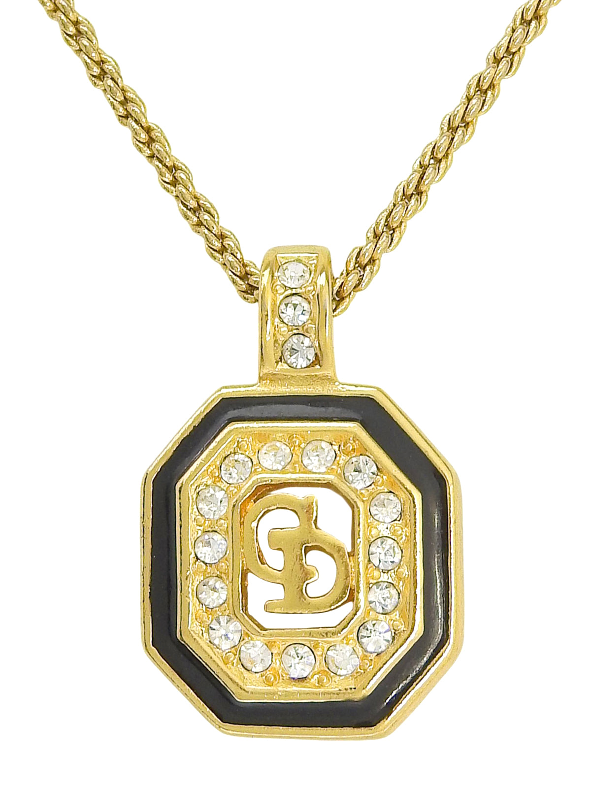 Rhinestone Octagon Logo Plate Necklace Gold/Black