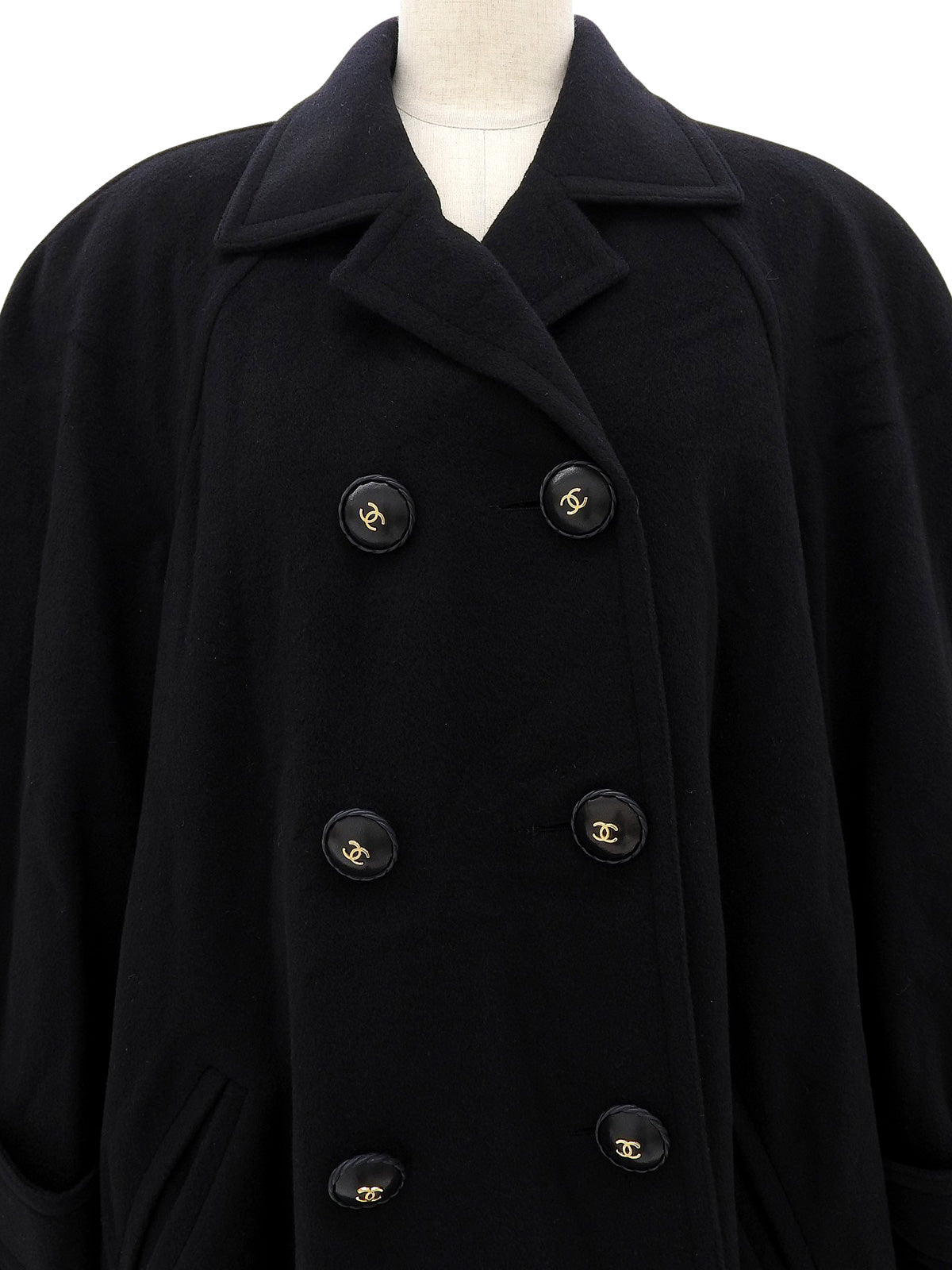 黑色羊绒 CC 标志纽扣双排扣长款大衣