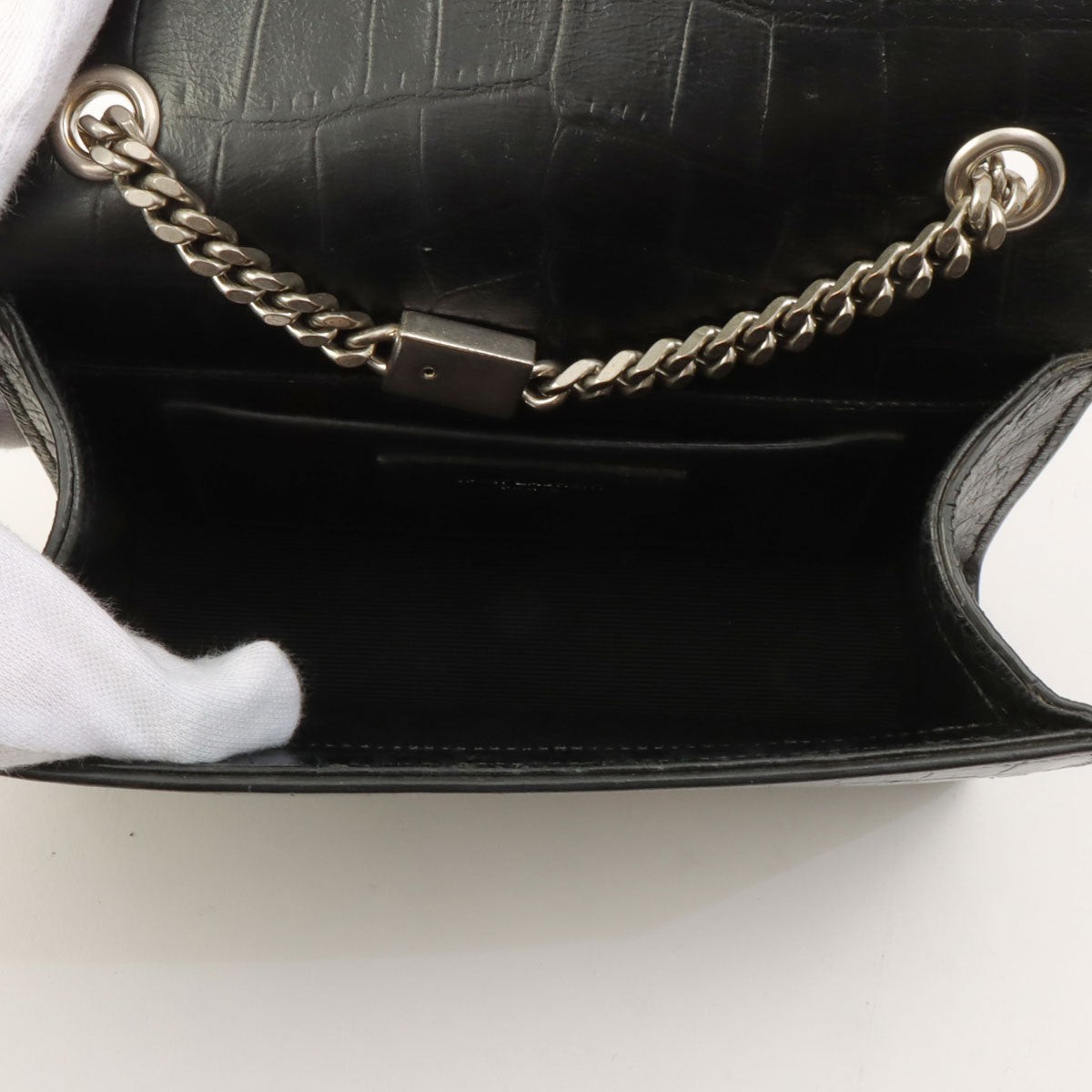 Croco Embossed Kate Tassel Small Chain Shoulder Bag Black