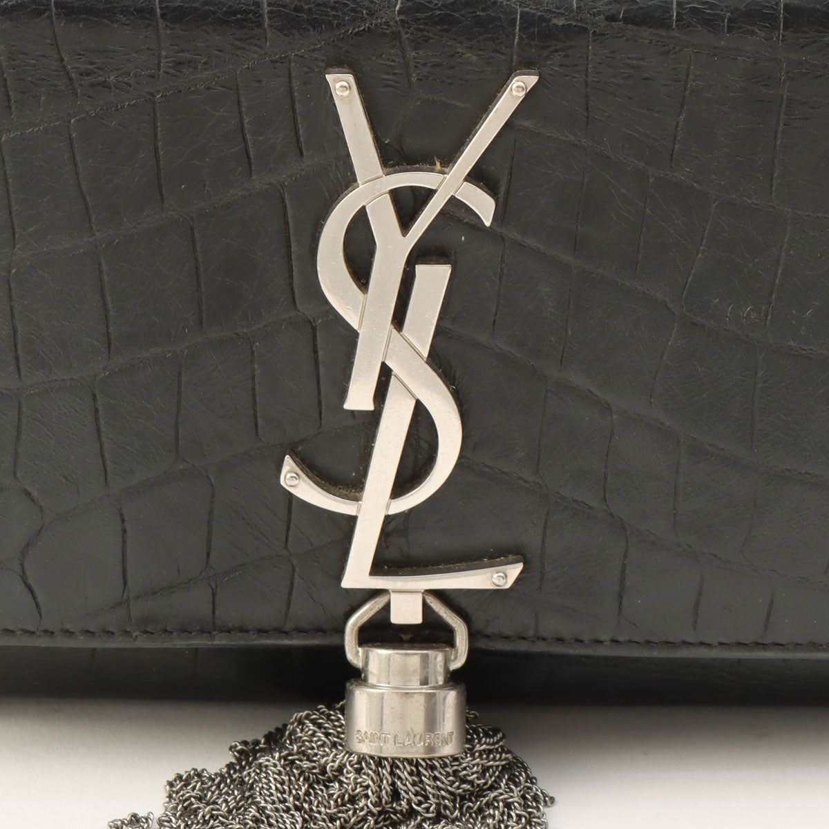 Croco Embossed Kate Tassel Small Chain Shoulder Bag Black